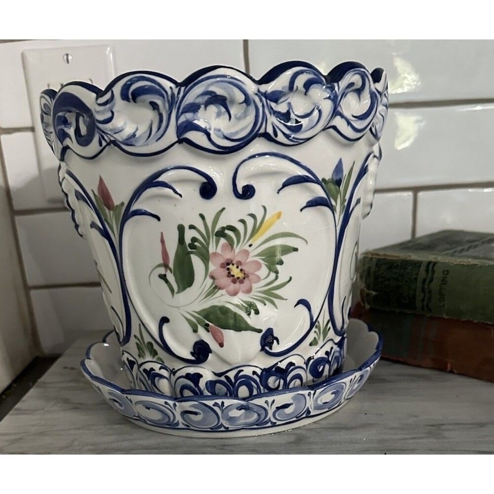 Vintage hand painted Portugal Colorful scalloped floral planter Blue Yellow